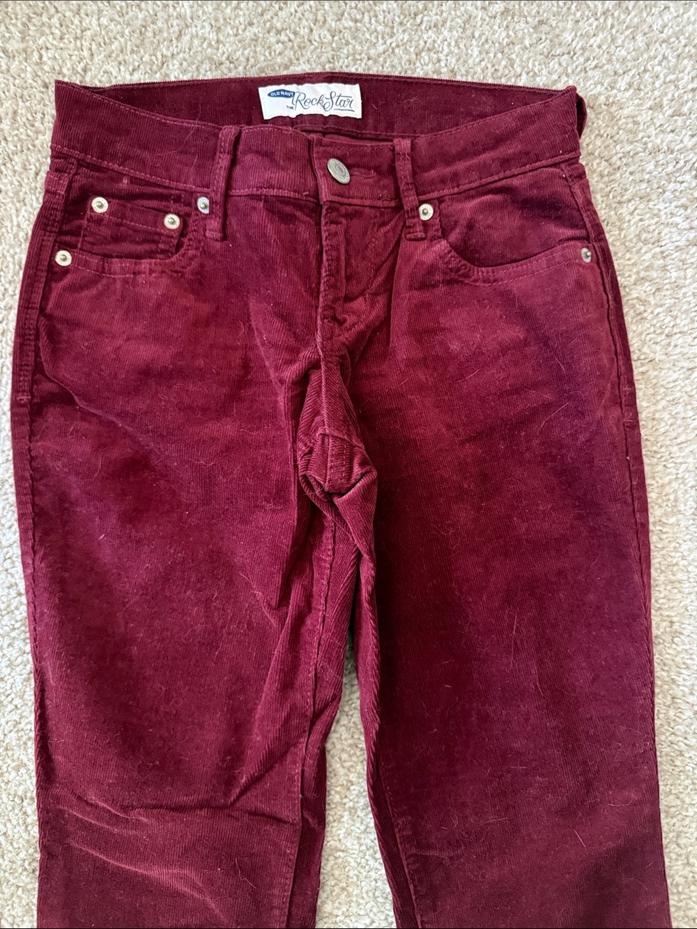 Old Navy red colored low rise skinny leg corduroy pants size 0 short rockstar